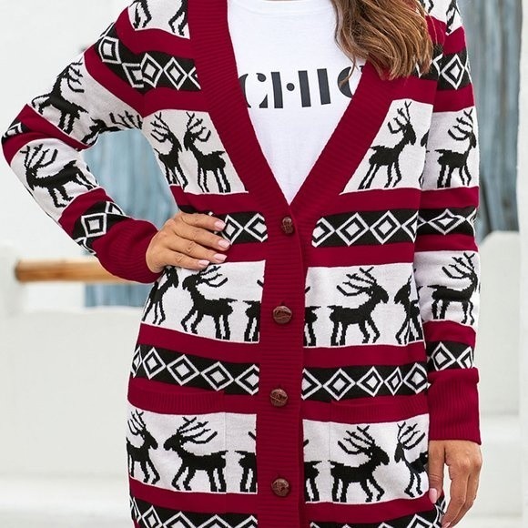 Red Christmas Elk Print Buttoned V Neck Knitted Sweater - Picture 10 of 11